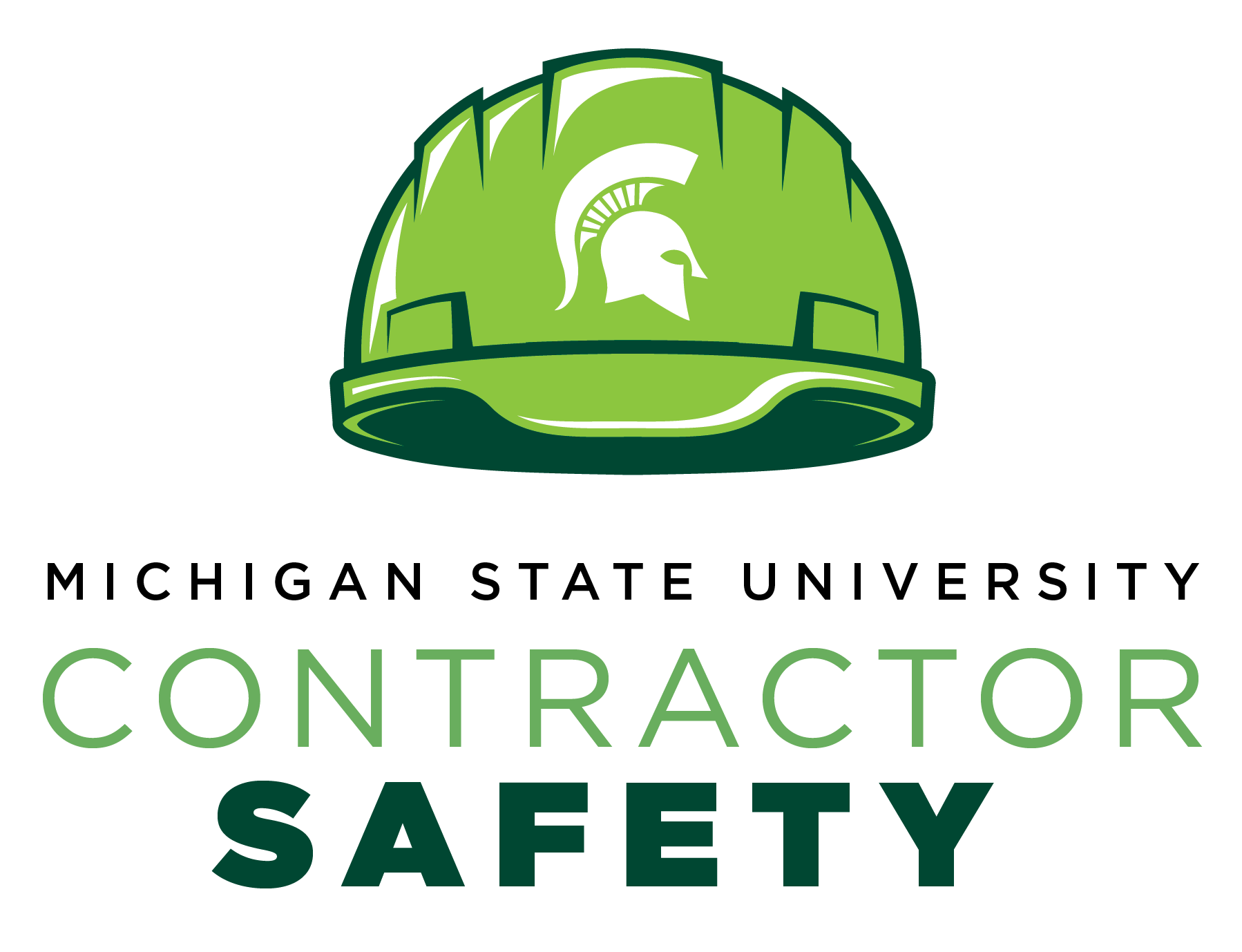 Green safety helmet with spartan helmet and words "Contractor Safety"