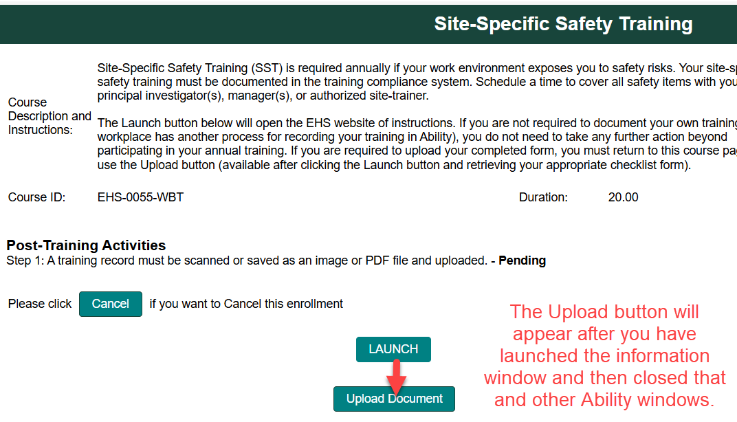 Ability LMS screenshot showing Upload button for site-specific safety training