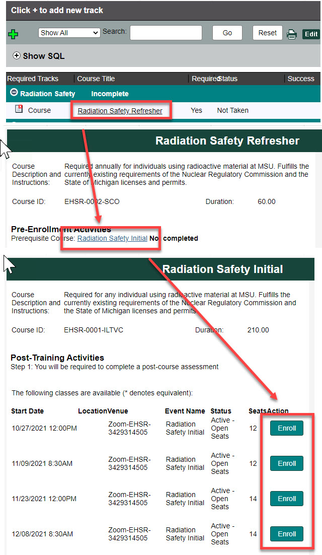 Screenshots for enrolling in Radiation Safety Initial