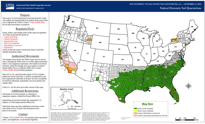 Drawing of the United States with some counties in some states drawn in and some counties shaded in colors to depict their soil regulations.