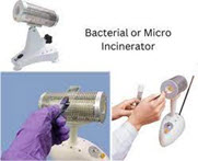 3 photos: a micro-incinerator next to text that says bacterial or micro incinerator, a gloved hand near a micro-incinerator, a pair of hands near a micro-incinerator.