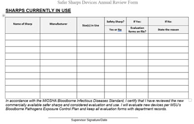 Screenshot of MSU's Safer Sharps device annual review form.