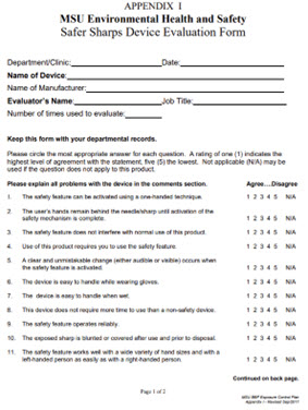 Screenshot of MSU's Safer Sharps device evaluation form.