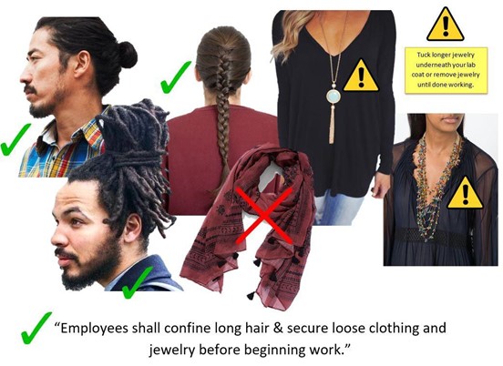 examples showing confine long hair and secure loose clothing and jewerly