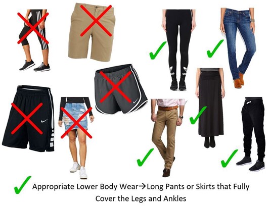 examples of appropriate lower body wear - long pants or skirts that fully cover the legs and ankles