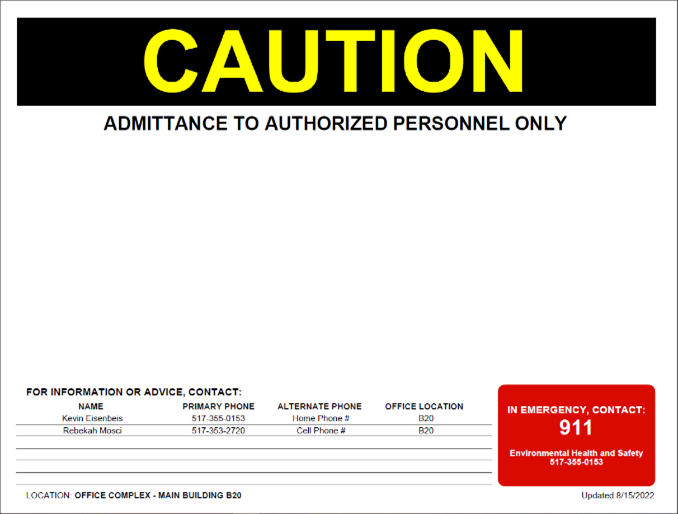 Laboratory door sign with no hazard labels. Includes lab contact information and emergency contact information.