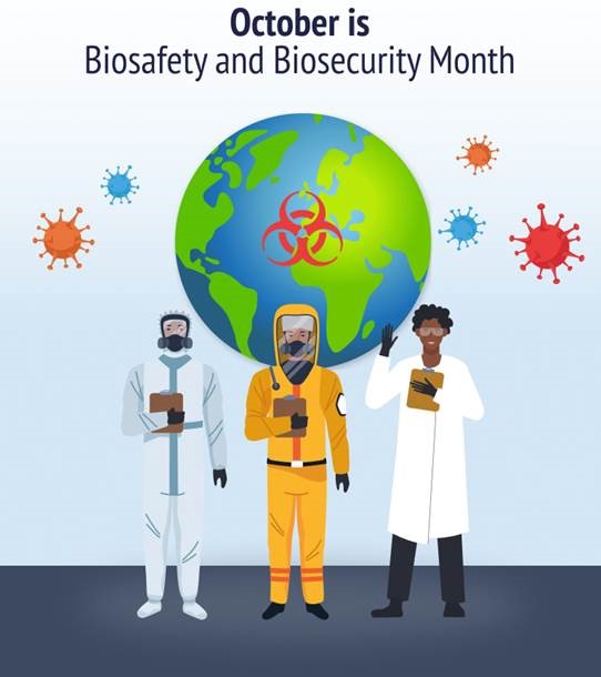 illustration of earth, biohazard symbol, and researchers wearing PPE