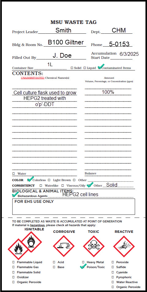 Dual Solid Waste 2” (Alt Text: Example of properly filled out MSU Waste Tag with a cell culture flask used to grow human hepatocarcinoma cell line treated with o’p’ – DDT.