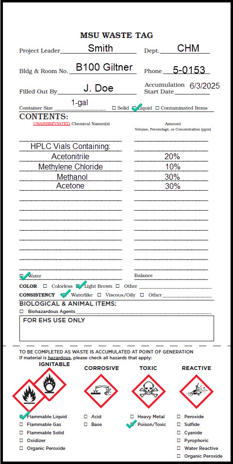 Properly completed MSU Waste Tag for flammable HPLC vials.