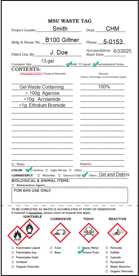 Properly completed MSU Waste Tag for Gel Waste