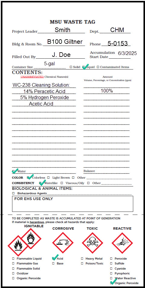 Properly completed MSU Waste Tag for organic peroxides.