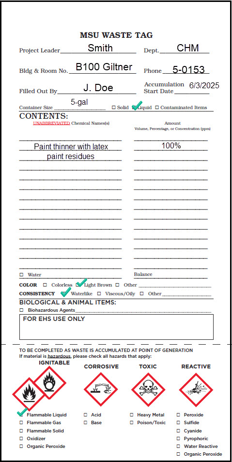 Properly completed MSU Waste Tag for paint related liquids.