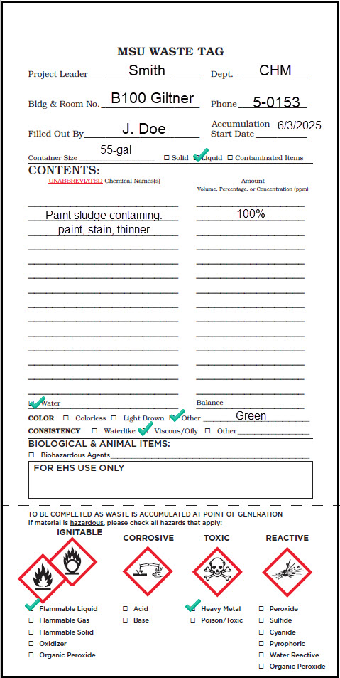 Properly completed Waste Tag for paint sludge drum