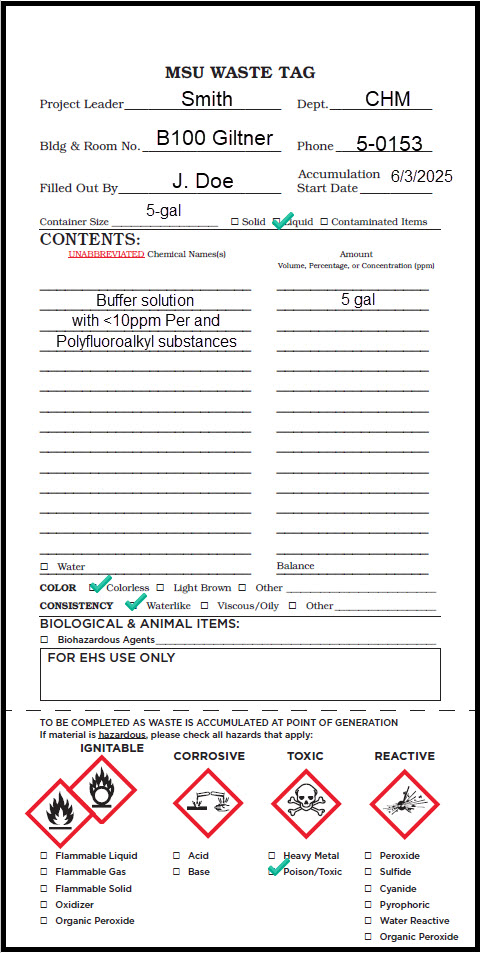 Properly completed MSU Waste Tag for PFAS solution.