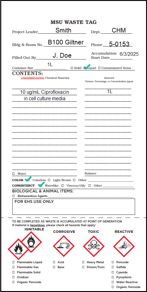 Properly completed MSU Waste Tag for pharmaceutical solutions.