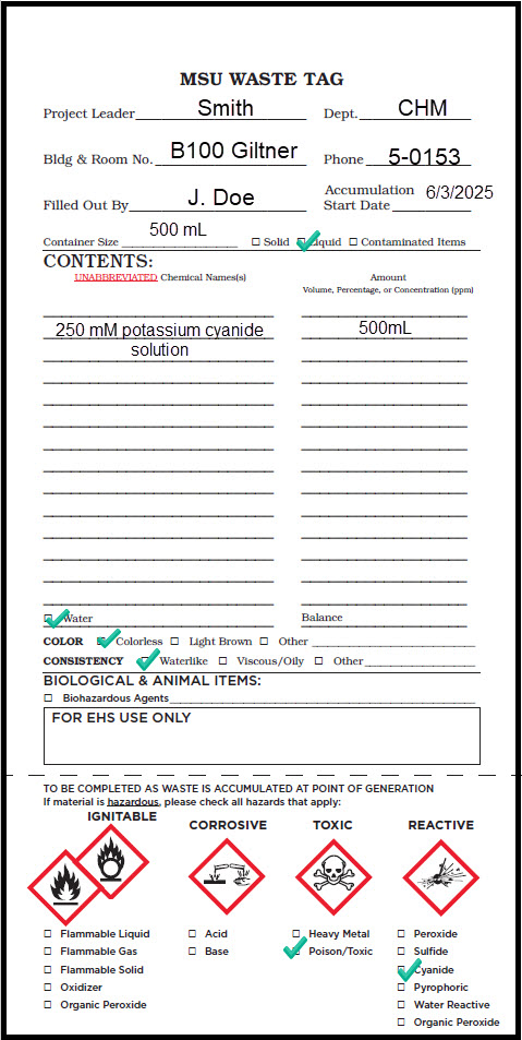 Properly completed MSU Waste Tag for reactive liquid.