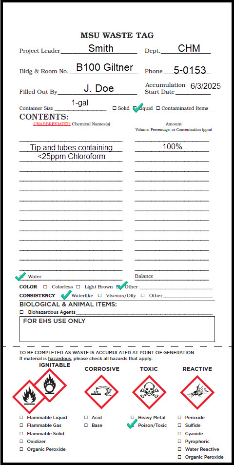 Properly completed MSU Waste Tag for toxic liquids using percentages.