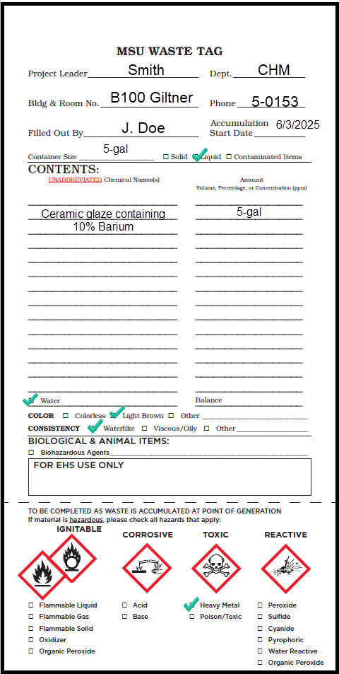 Properly completed MSU Waste Tag for toxic liquids using volume.