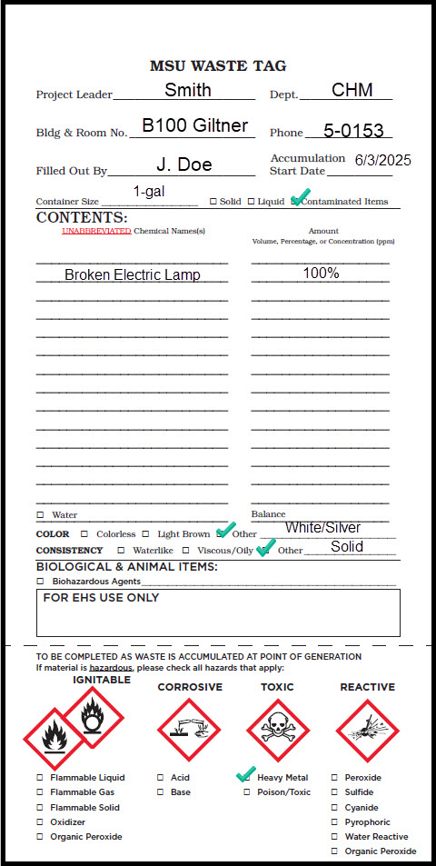 Properly completed MSU Waste Tag for broken Fluorescent Lamp