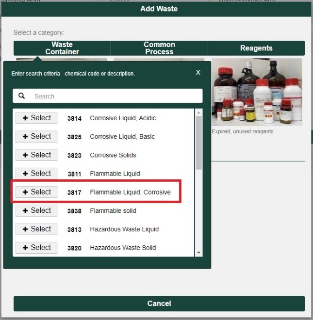 screenshot of selecting flammable, corrosive container on hazardous waste pickup request form
